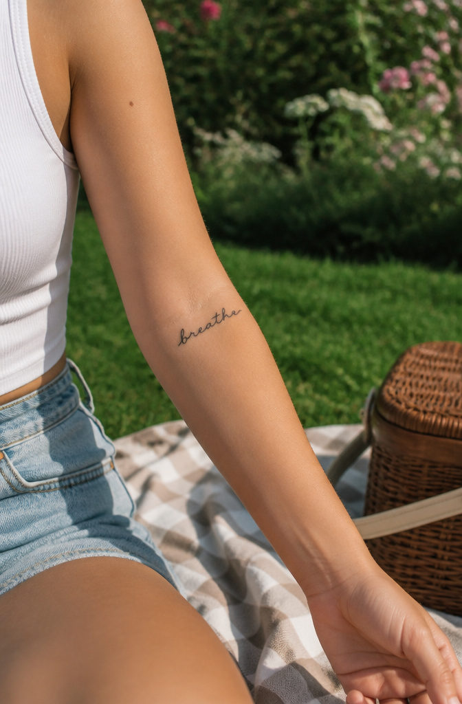 Word tattoo inked on the inner arm of a model.