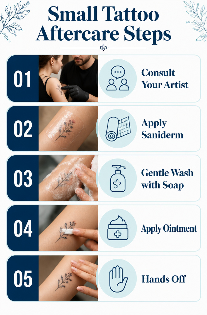 Graphic showing aftercare steps for small tattoos.
