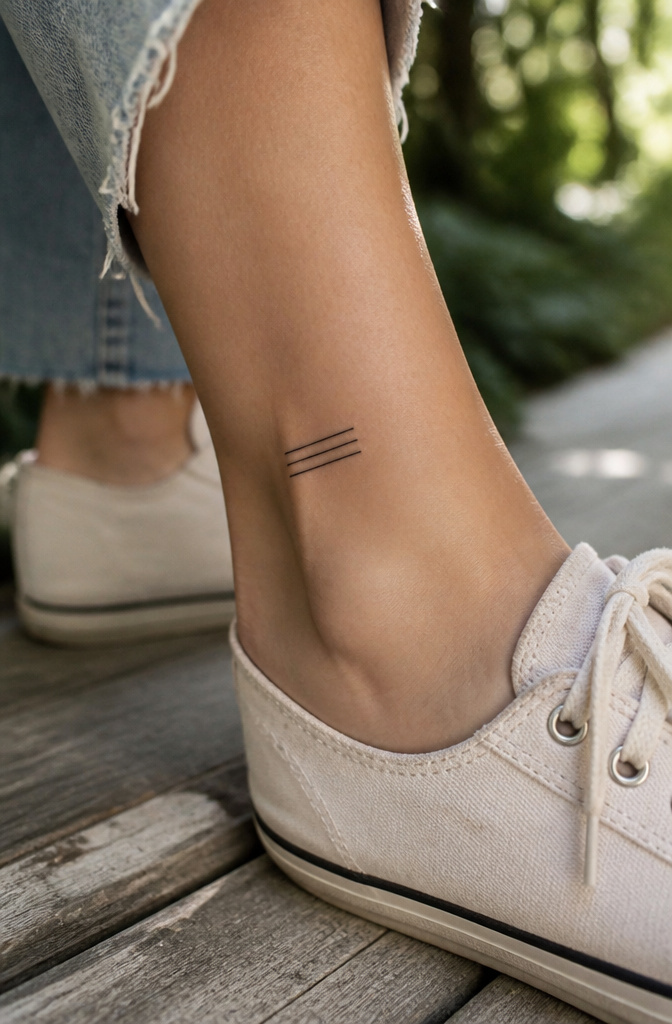 Minimalist tattoo of three lines on the ankle of a model.