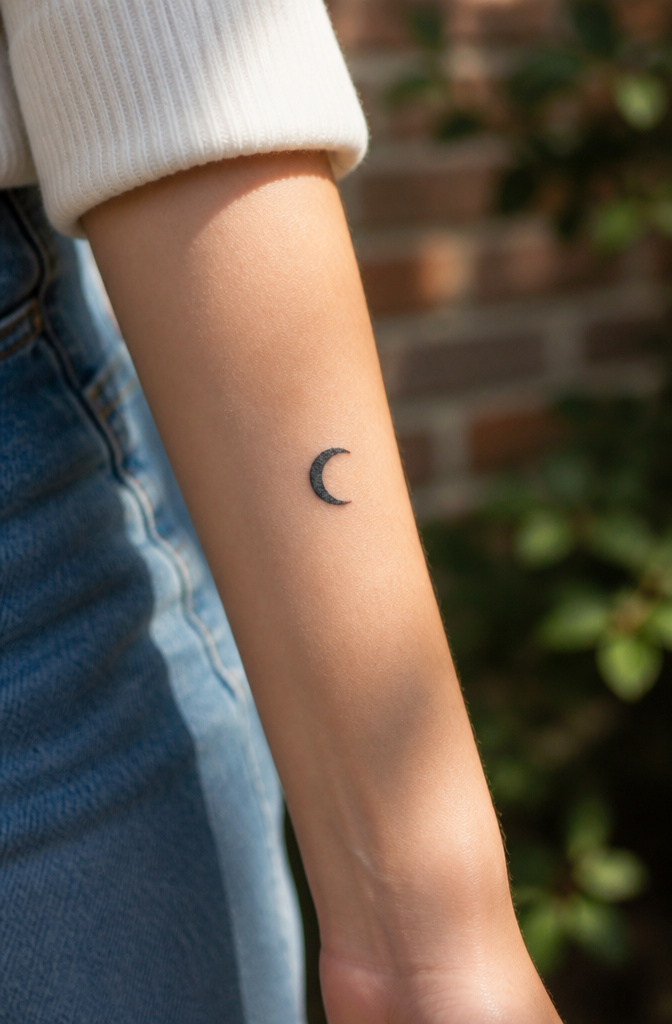 Crescent moon tattoo inked on the ankle of a model.