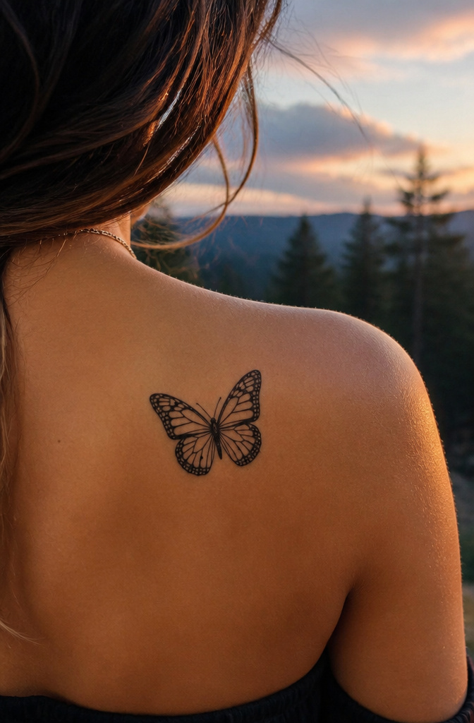 Butterfly tattoo on the shoulder blade of a model.