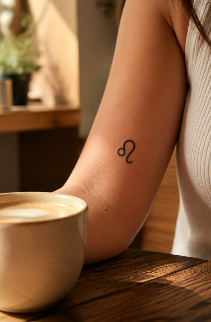 Astrological symbol tattoo on the outer arm of a model.