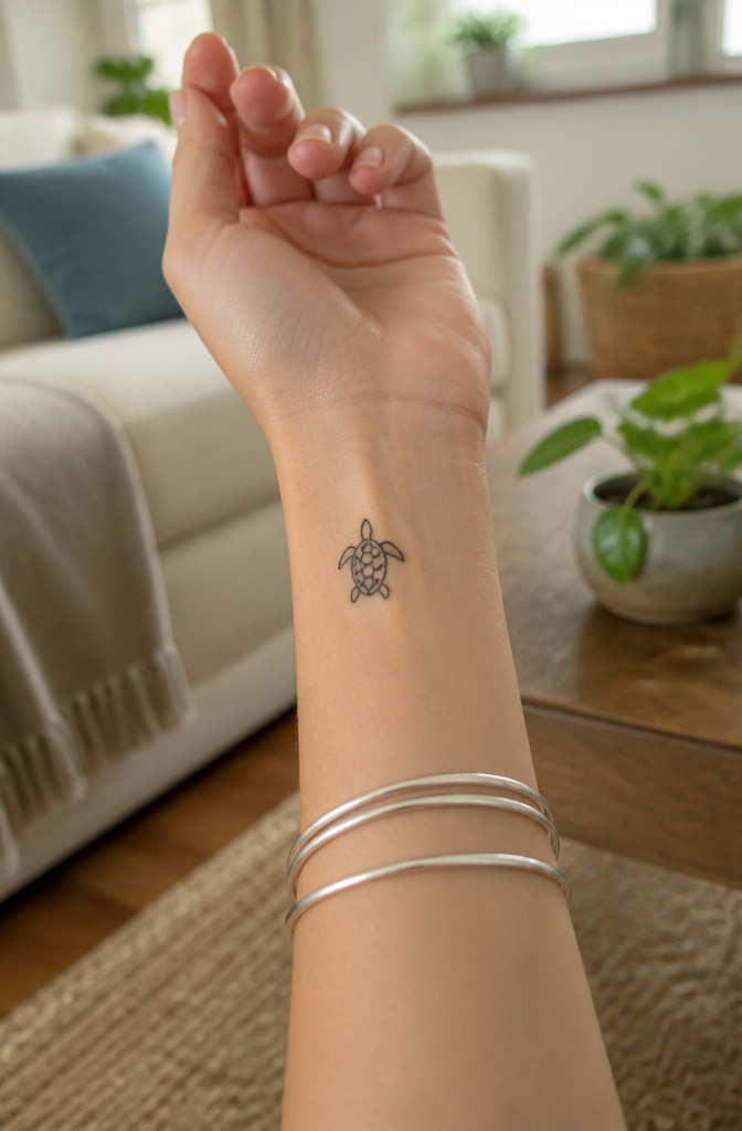 Small turtle tattoo on the wrist of a model.