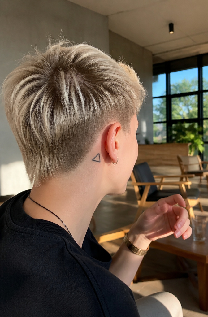 Triangle tattoo behind the ear of a model.