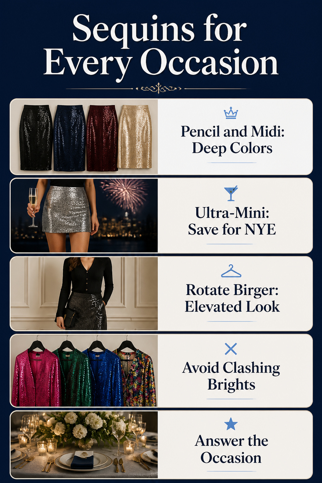 Different styles of sequined skirts displayed for various occasions.