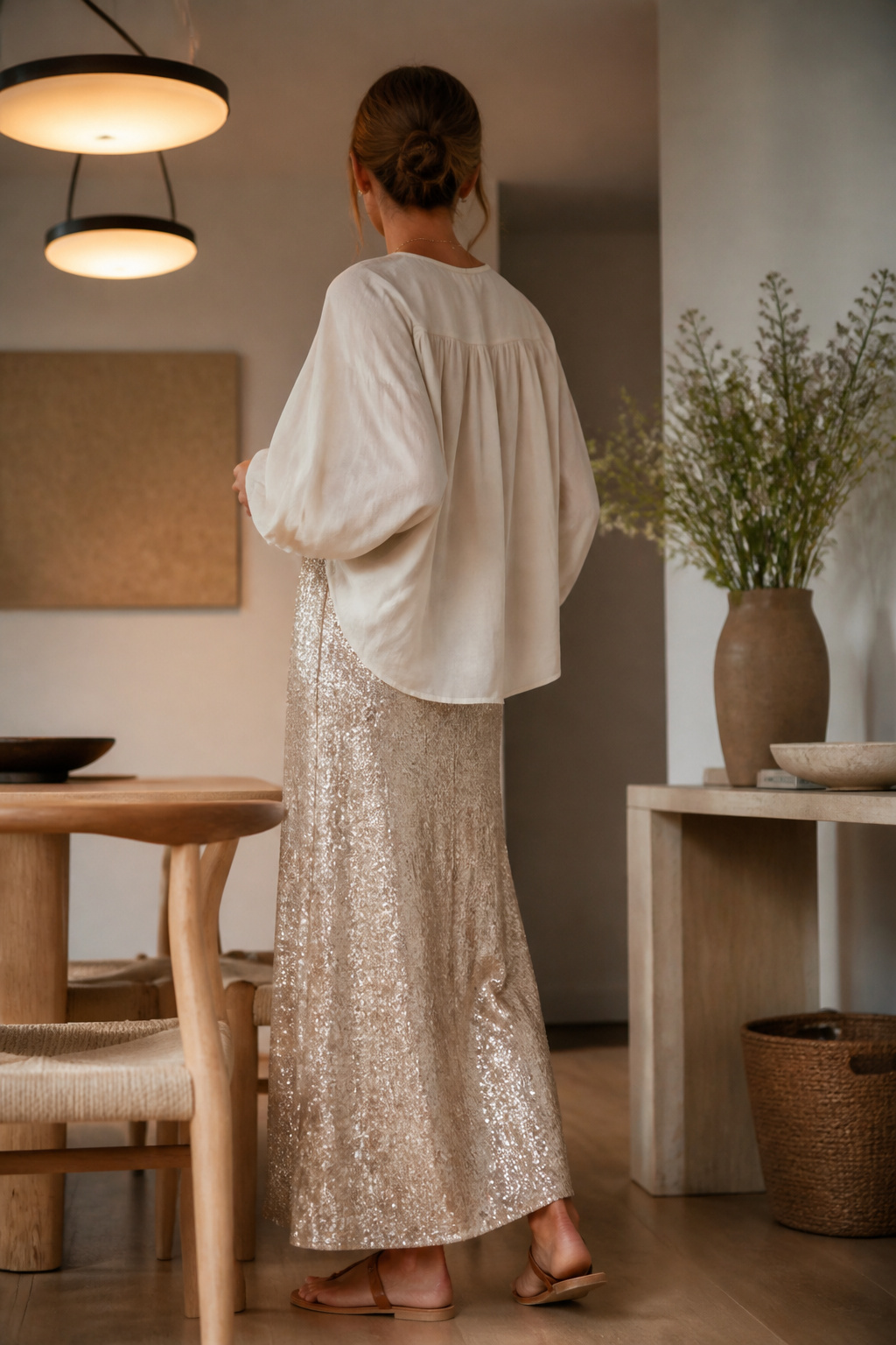 Silk blouse above a sequined midi skirt and simple leather flat sandals.