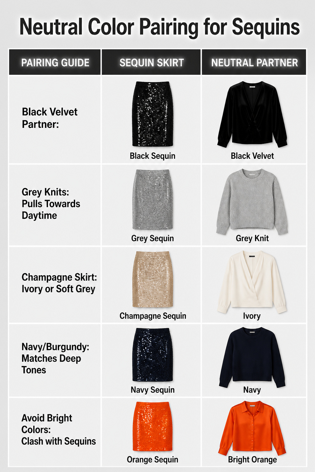 Black sequin skirt styled with neutral colors like black velvet and grey.