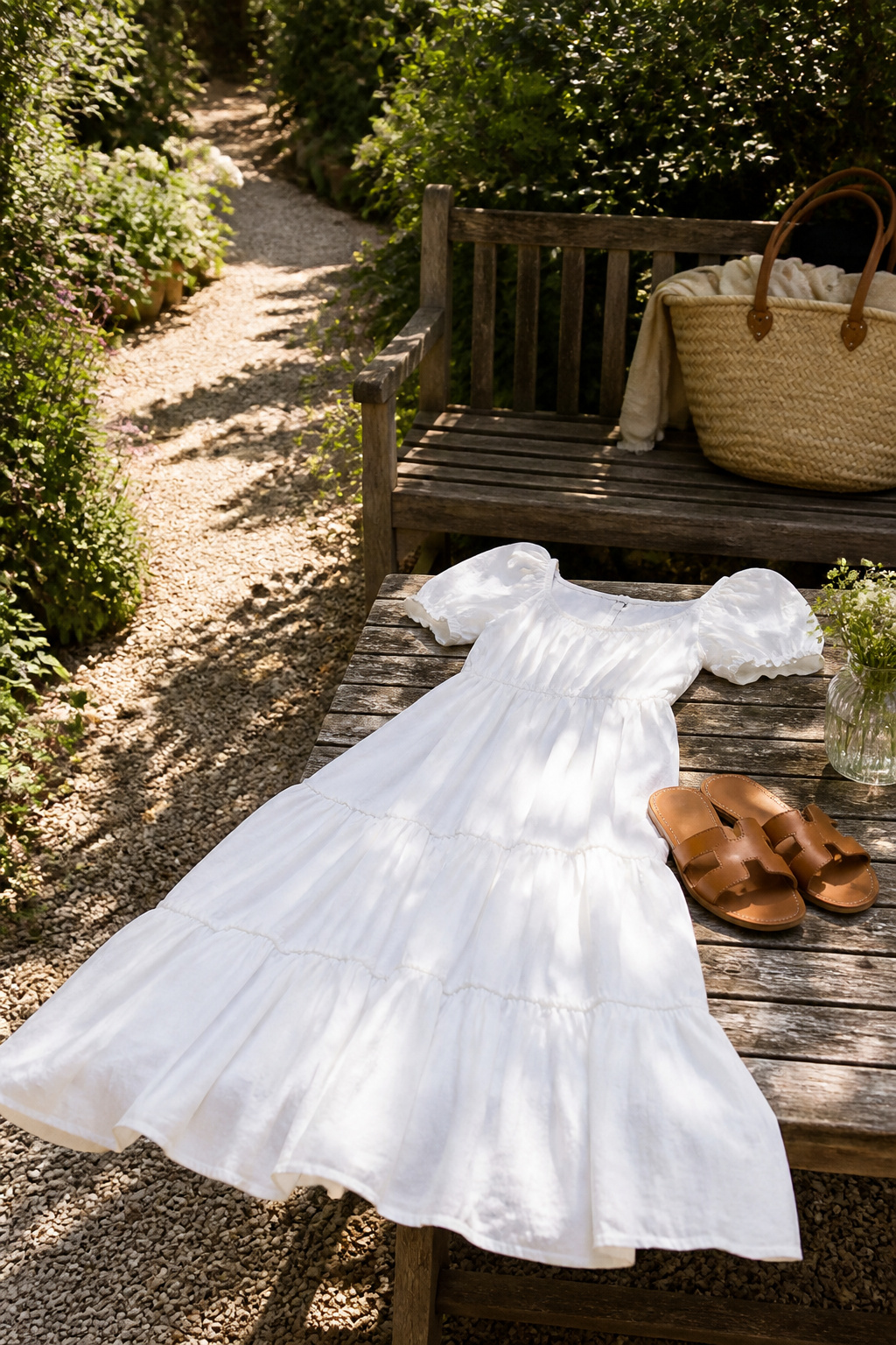 White cotton sundress with puff sleeves and tiered hems on a wooden table.