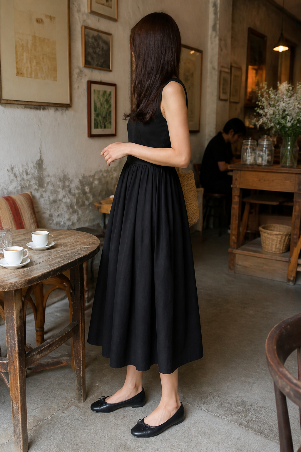 Black dress with ballet flats in an artsy café setting.