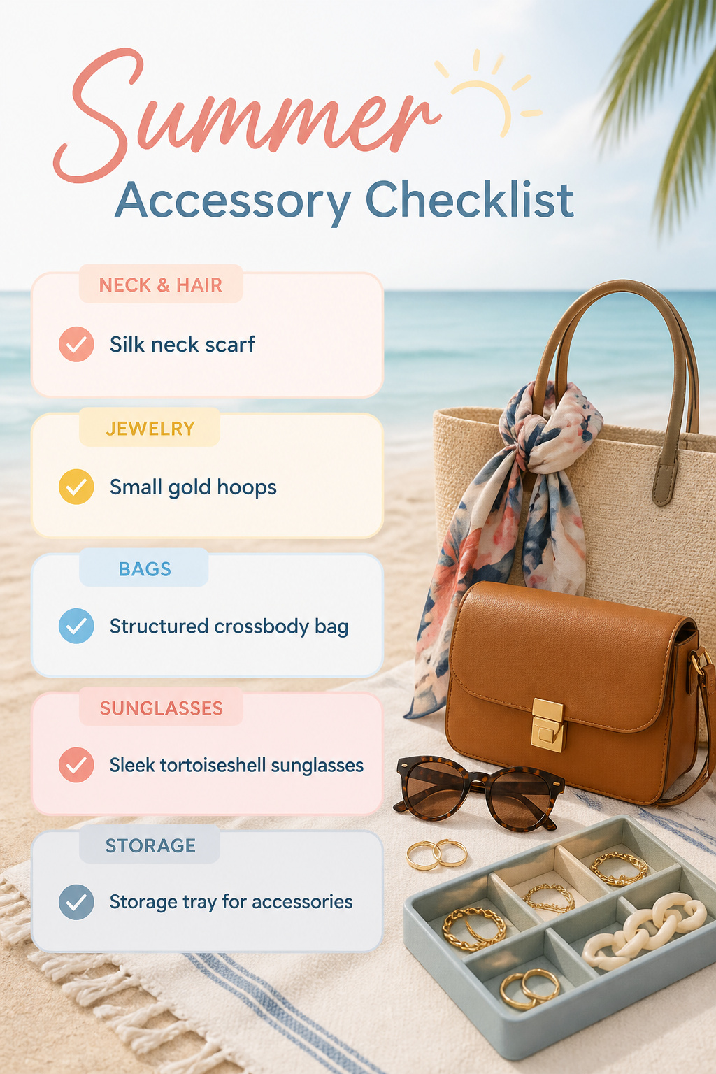Summer accessory checklist illustration.