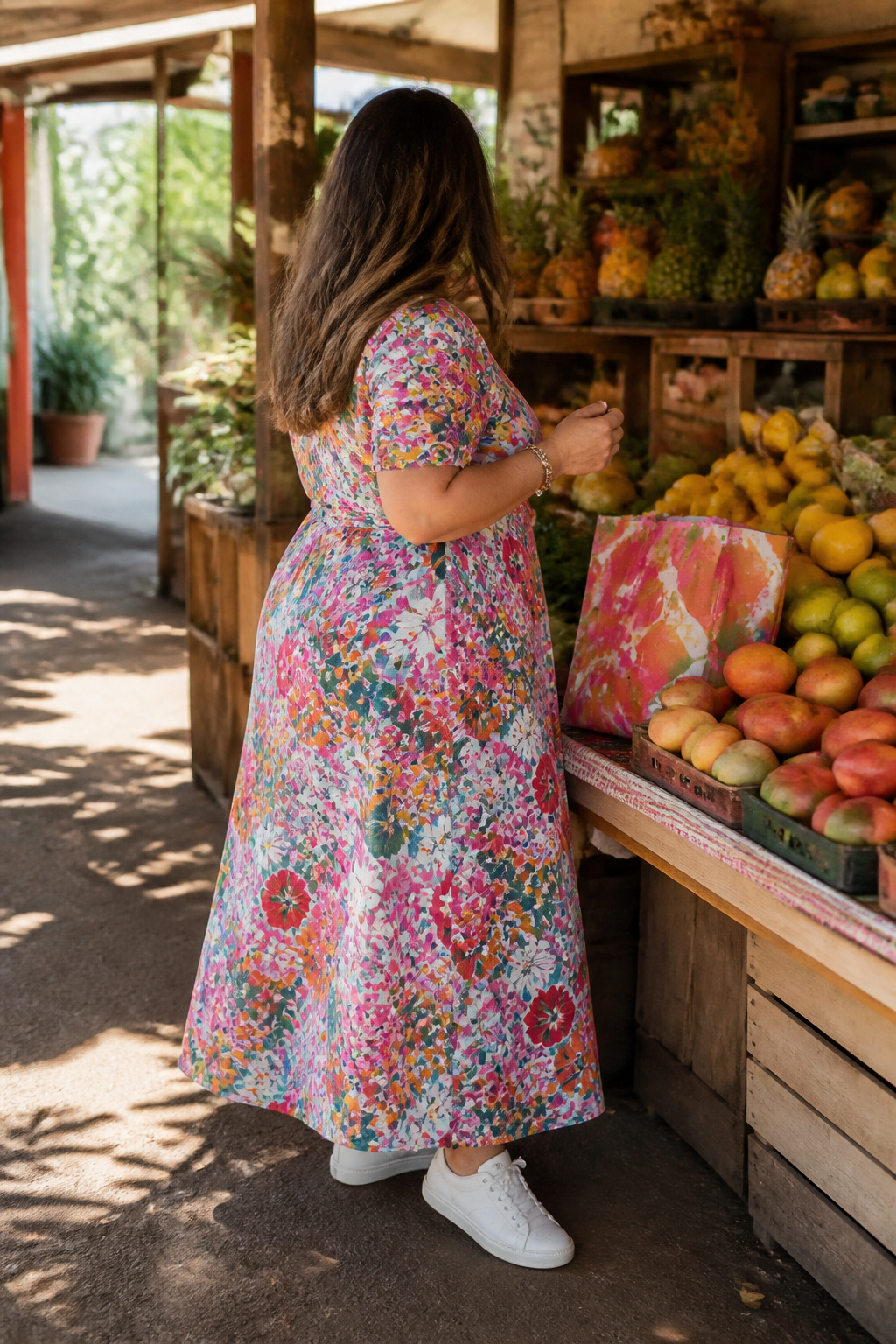 Midi-length floral dress with white sneakers in a local market.