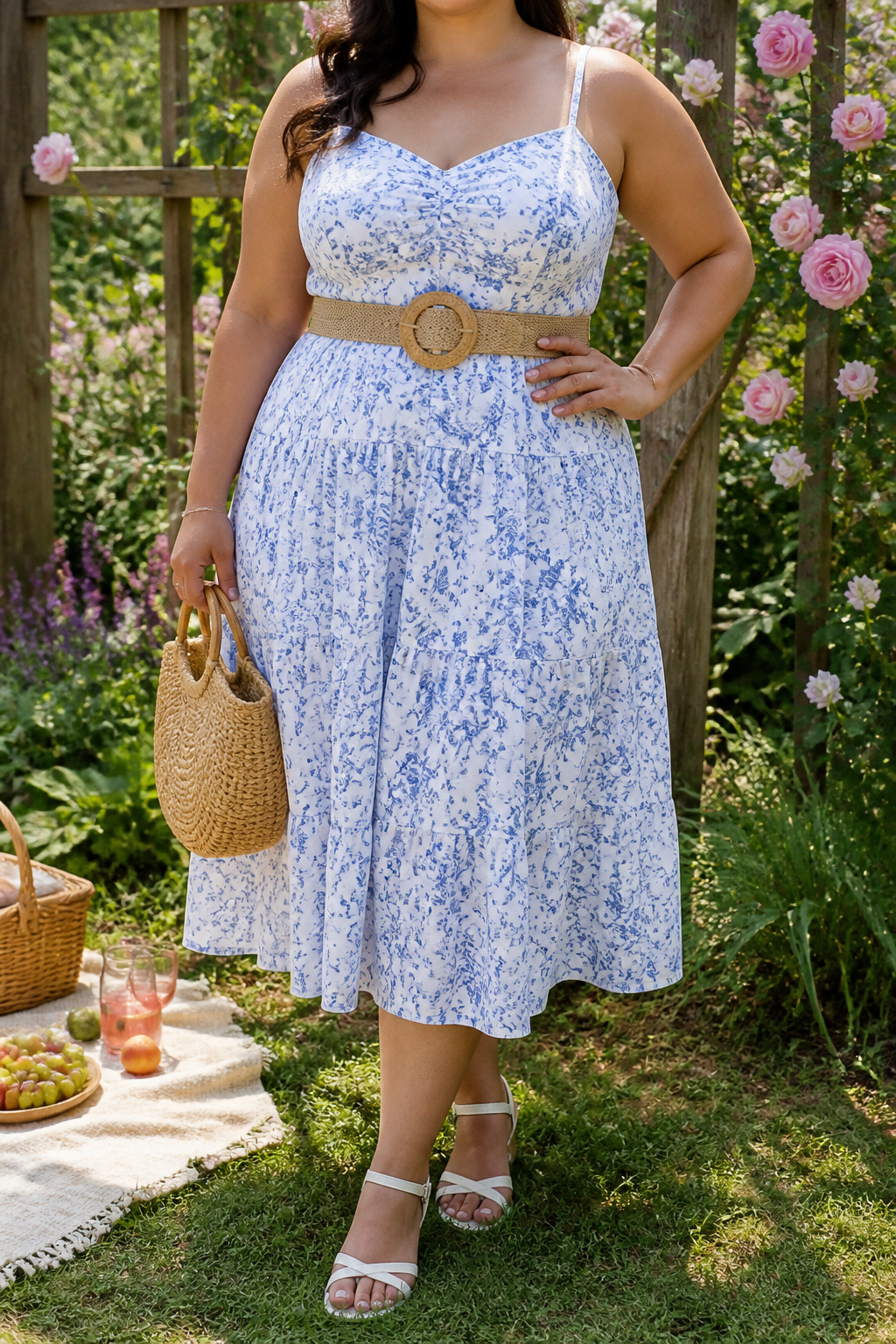 Flowy sundress with a chic belt in a sunlit garden.