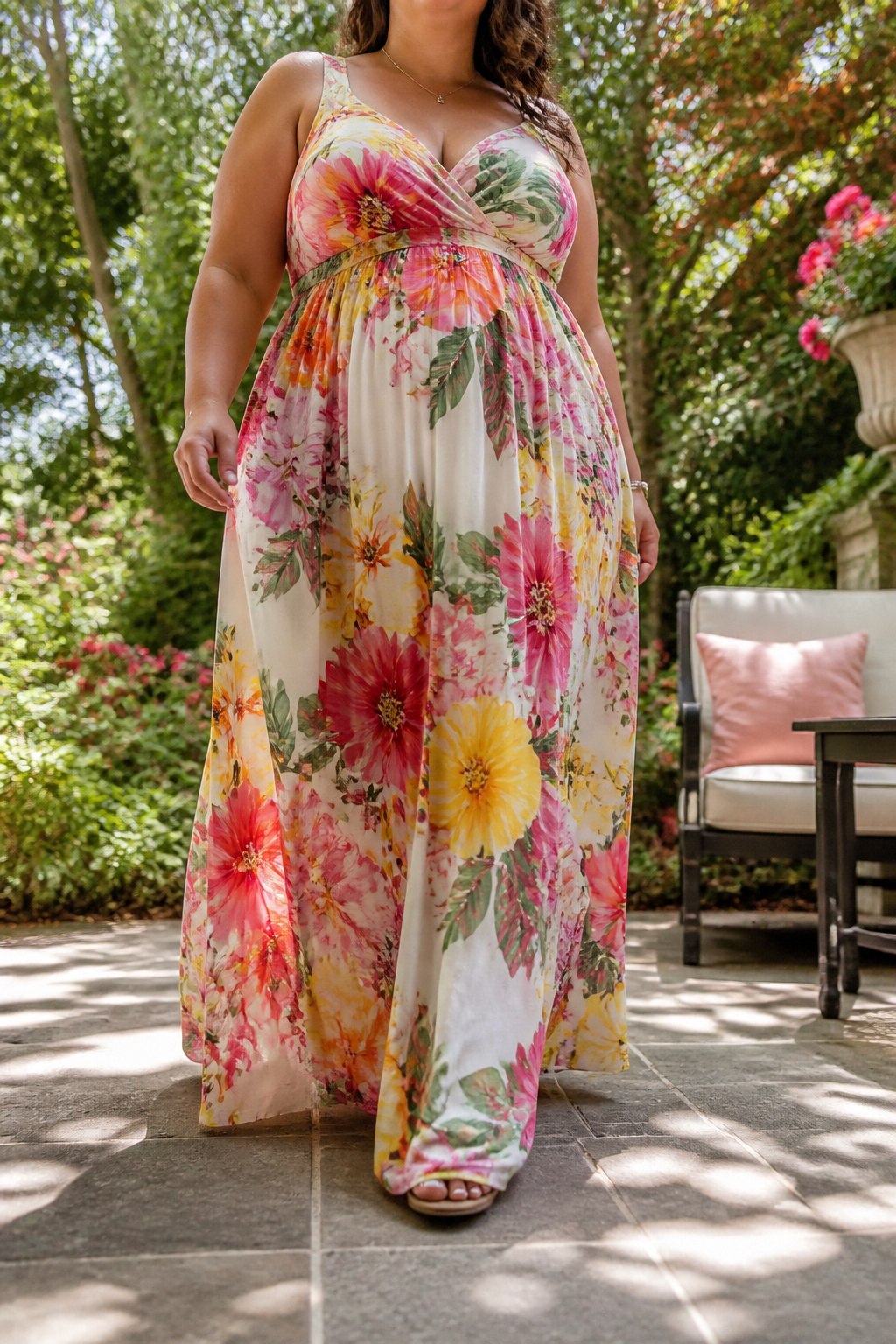Floral maxi dress with a tailored hem in a bright setting.