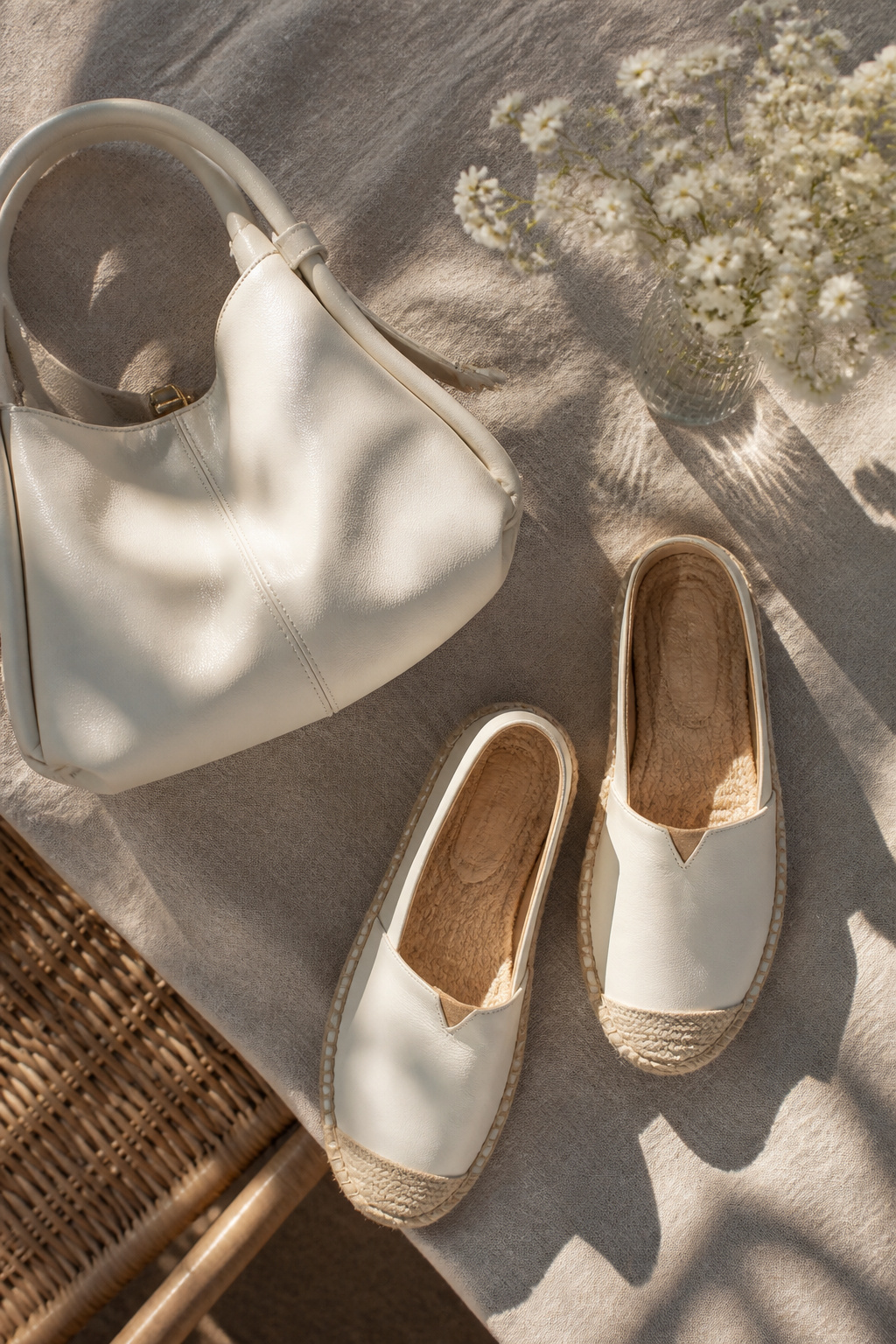 White accessories including a bag and shoes displayed together.