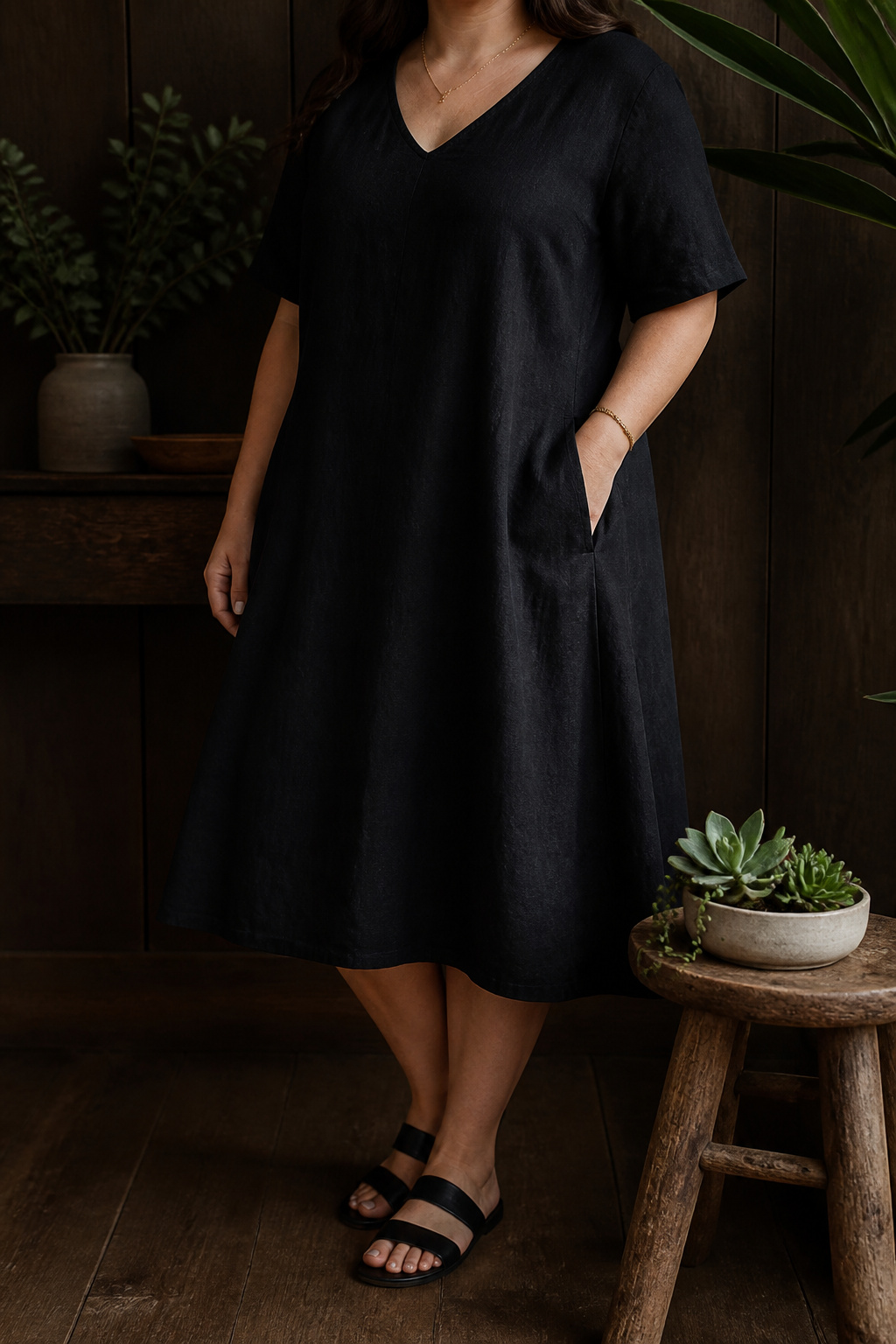 Black linen dress against a rustic backdrop.