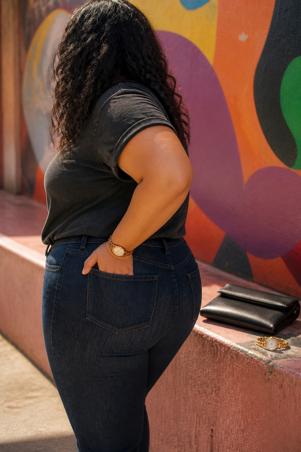 Band tee paired with high-waisted black trousers in an urban environment.