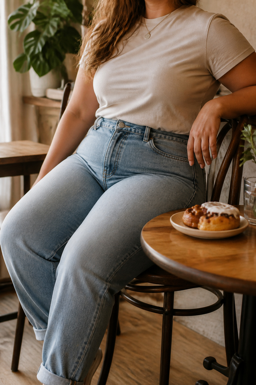 Lightweight summer tee tucked into high-waisted jeans in a café.