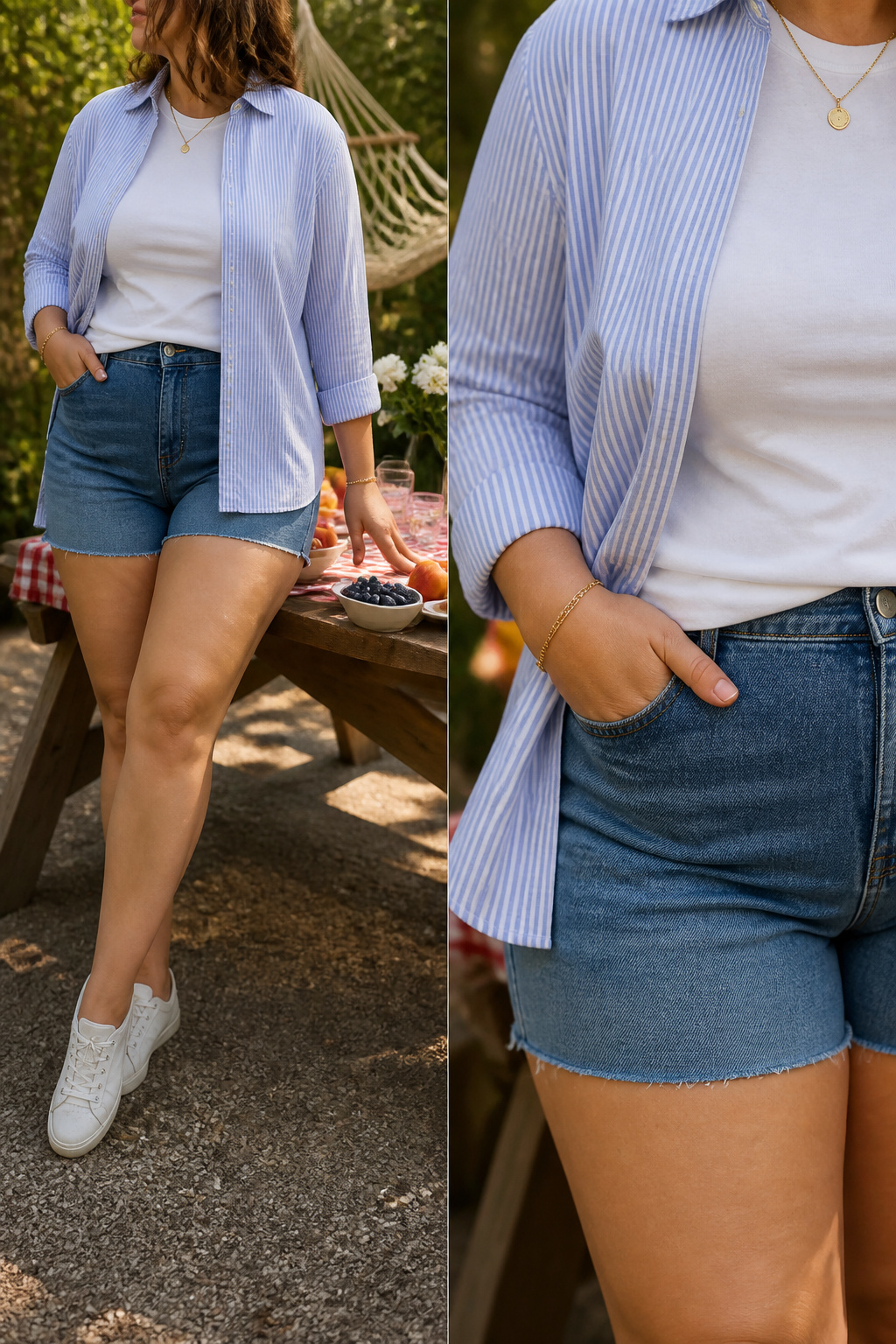 Button-down shirt over a fitted tee and denim shorts in a casual setting.