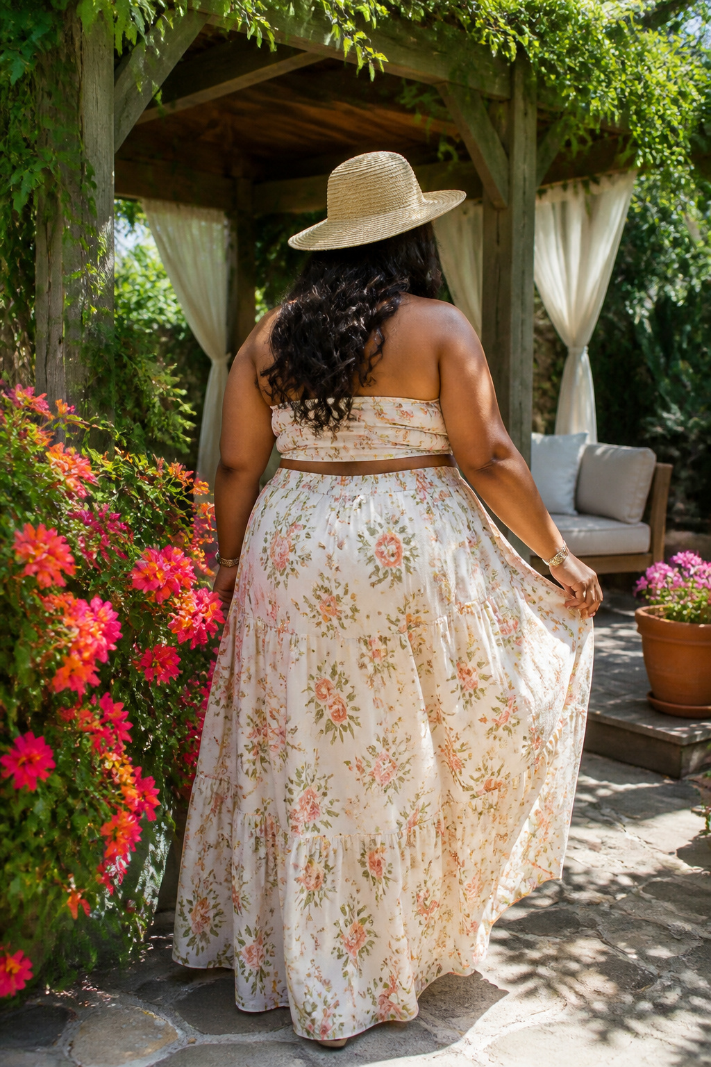 Crop top paired with a flowing maxi skirt in an outdoor garden.