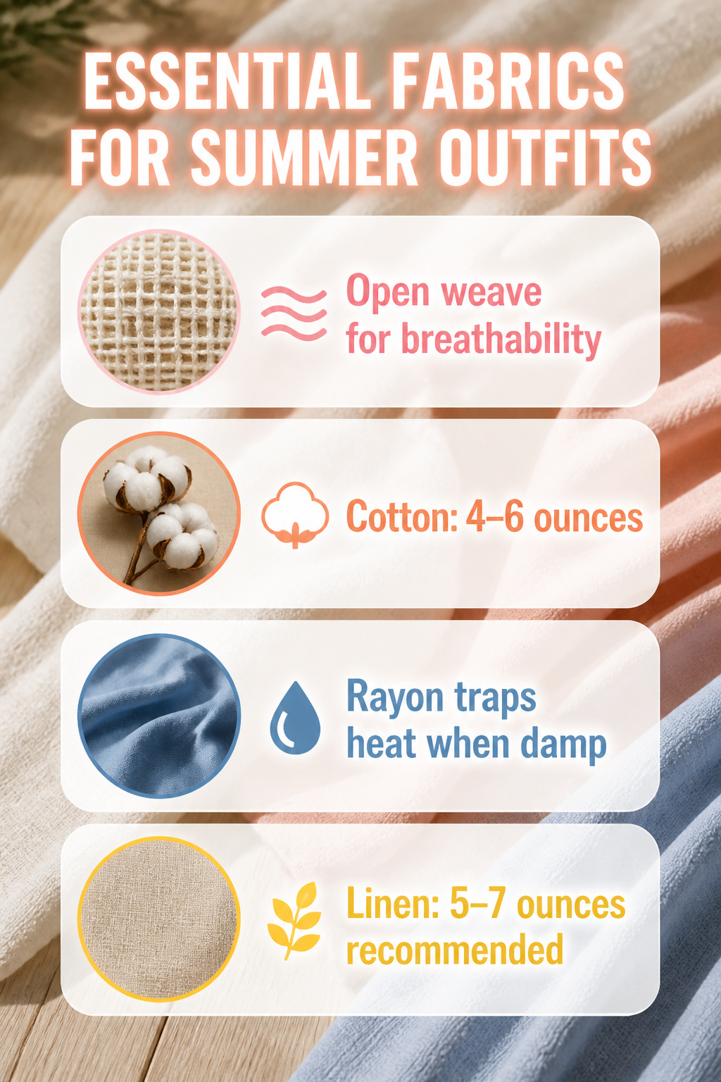 Textiles labeled as essential fabrics for summer outfits.