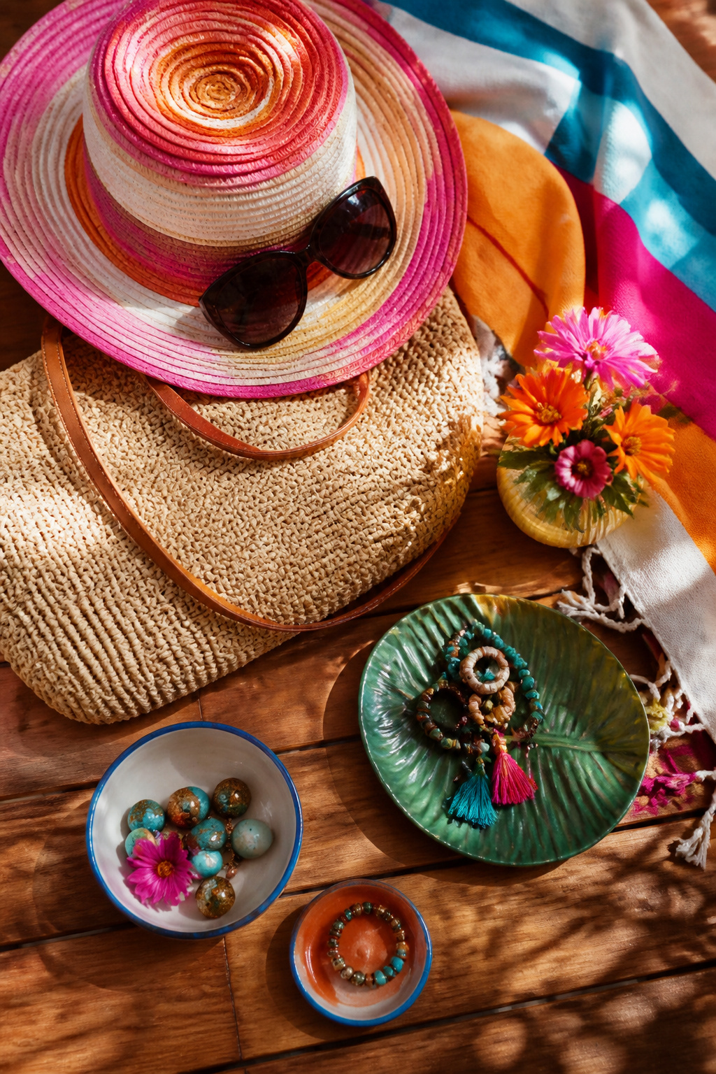 Sunglasses and bags displayed as essential summer accessories.