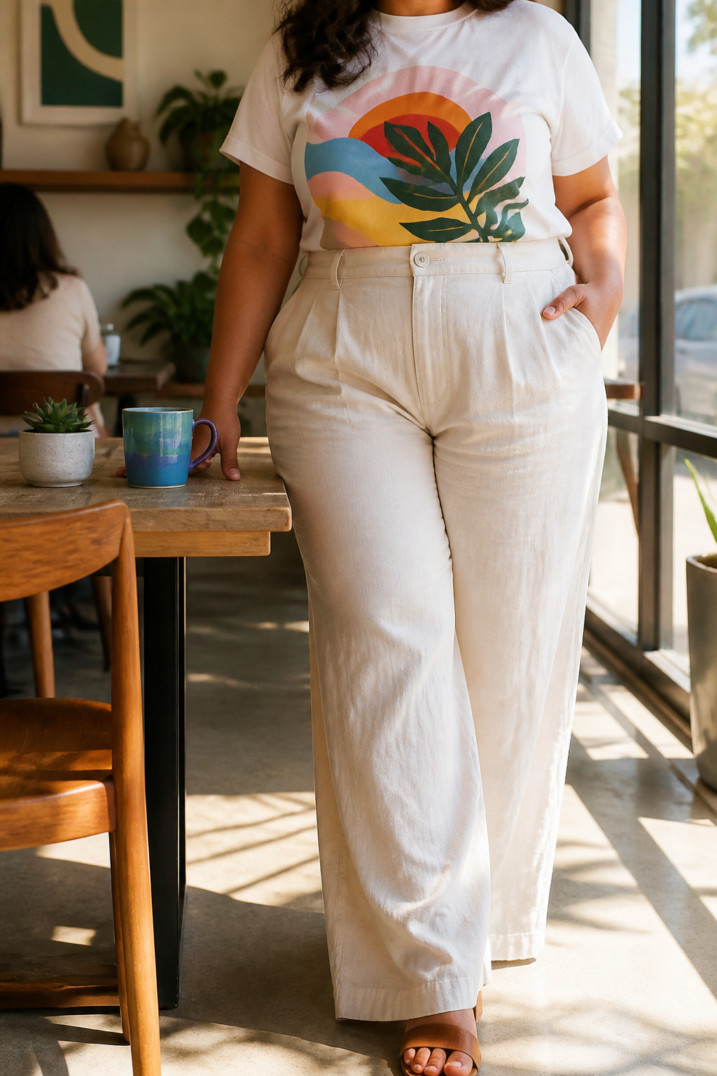 Vibrant graphic tee worn with high-waisted linen pants in a café setting.