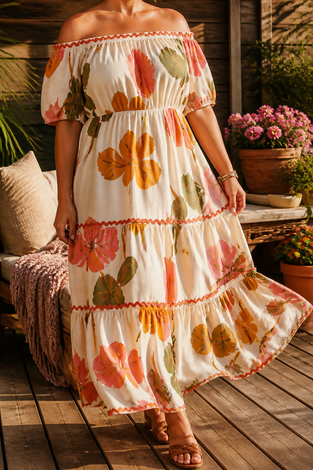 Boho sundress with ric-rac trim and flutter sleeves in a sunny outdoor area.