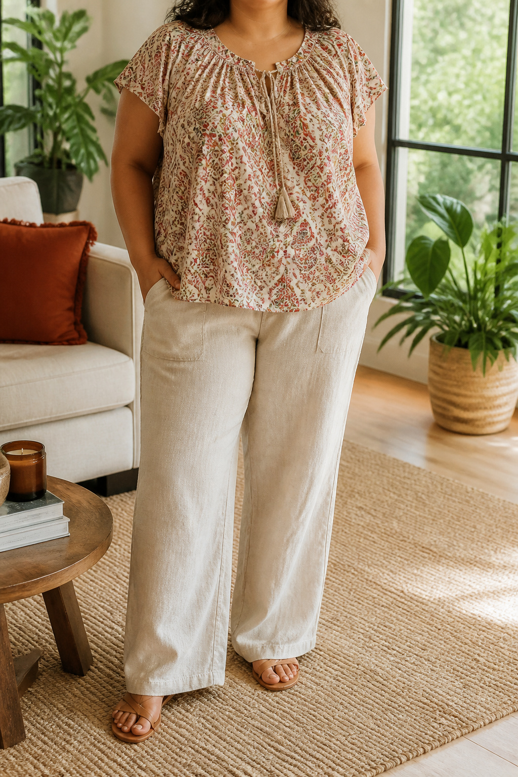 Flowy boho blouse worn with light linen trousers in a cozy living room.