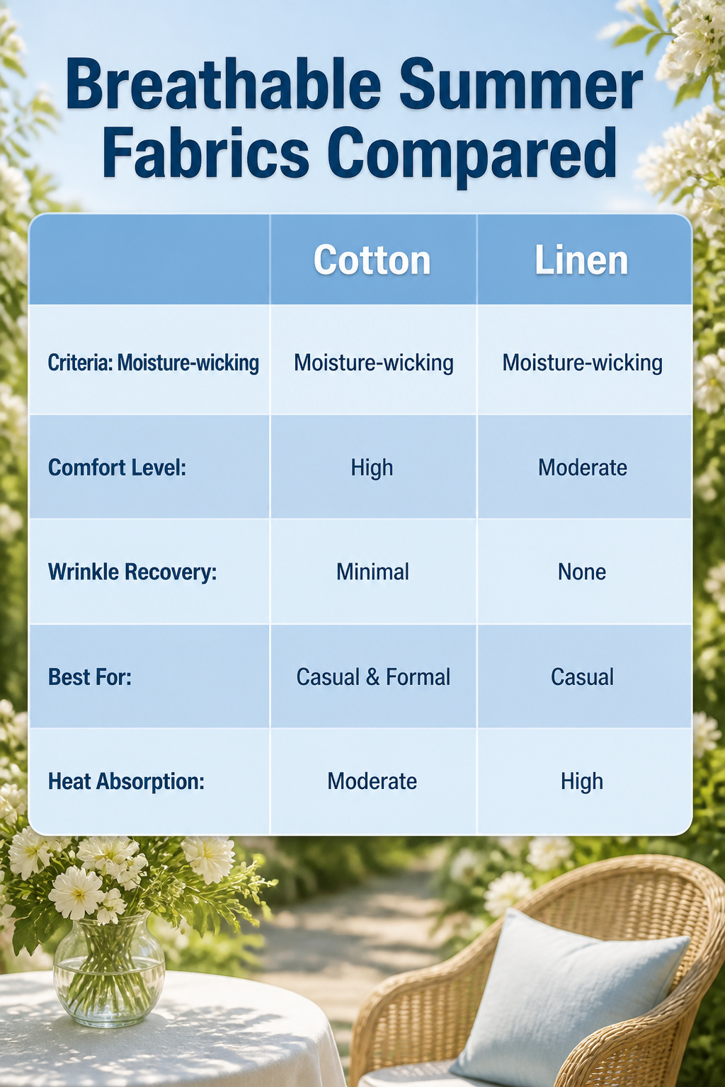 A comparison of cotton, linen, and chiffon fabrics.