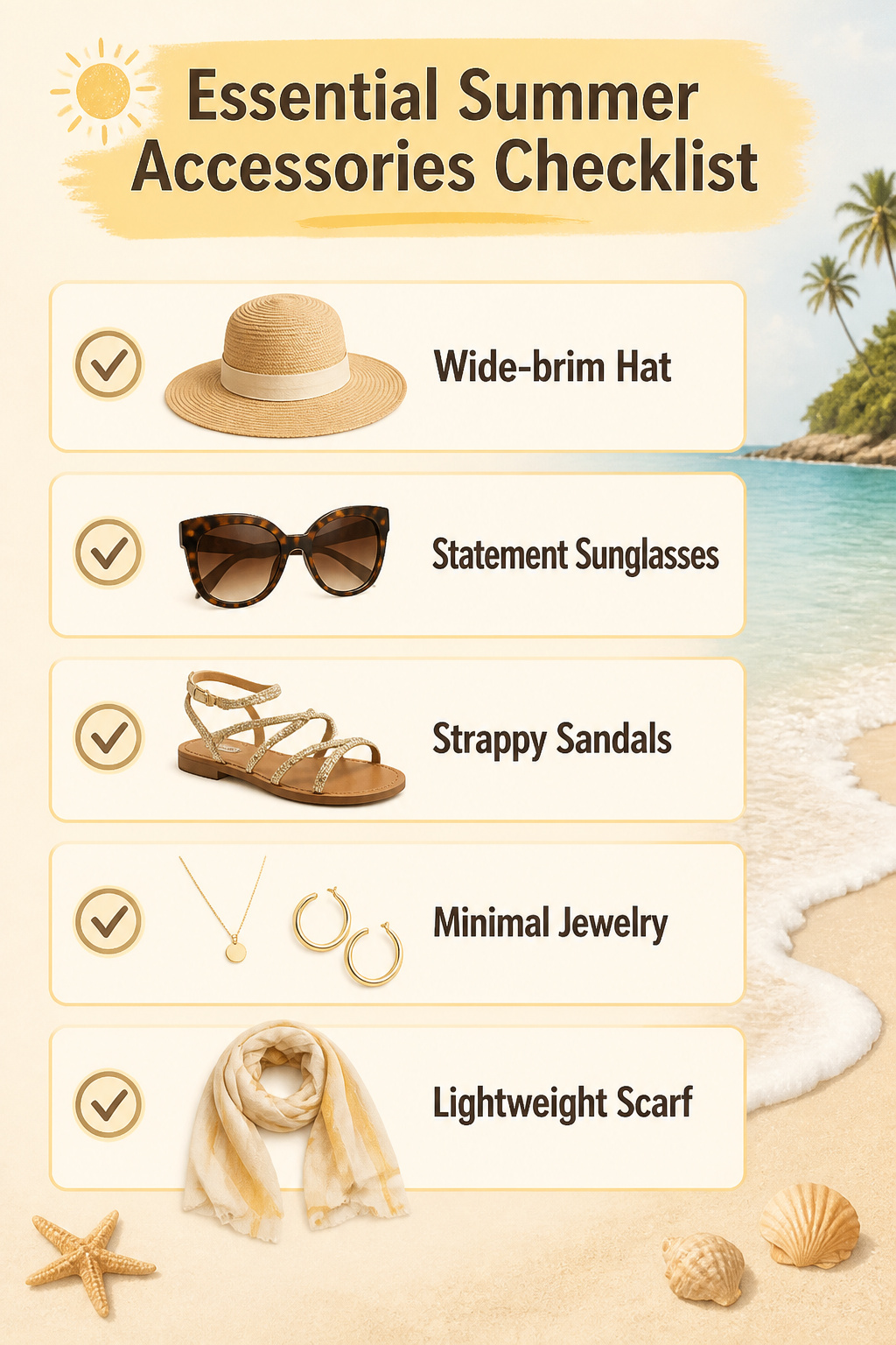 A checklist of summer accessories including hats and sandals.