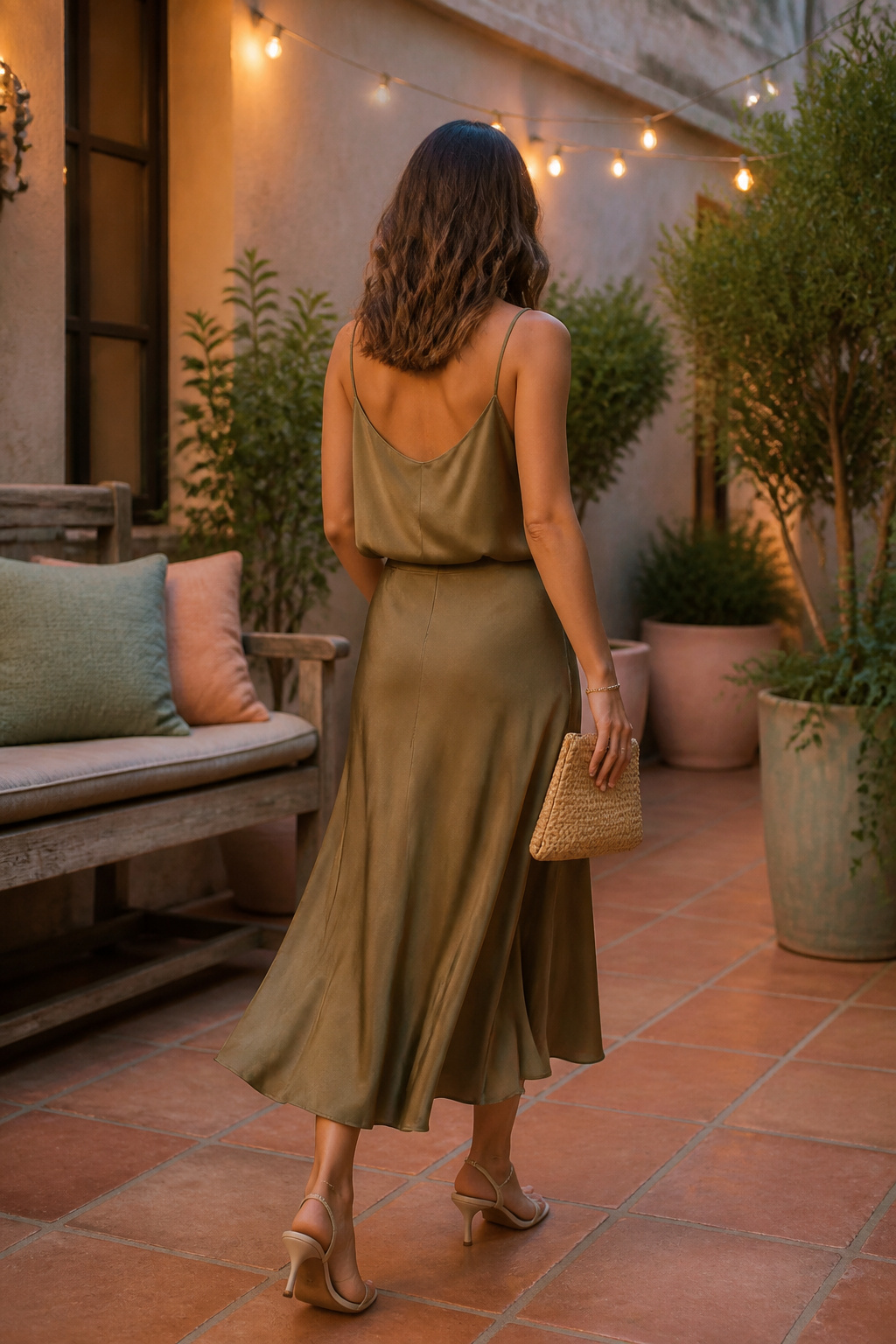 A cupro top and flowing midi skirt in a stylish courtyard.
