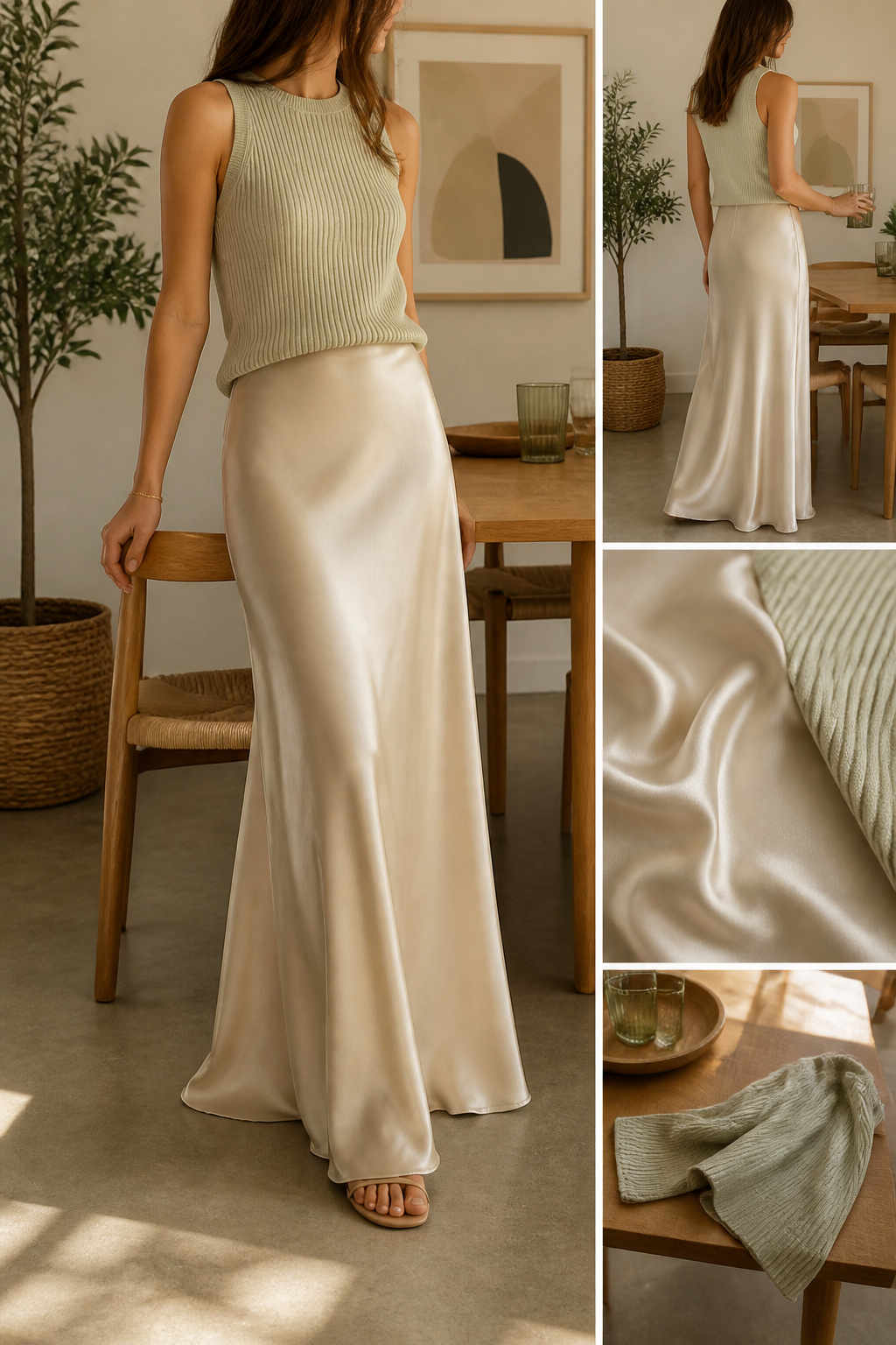 A ribbed cotton knit top and satin skirt styled together.