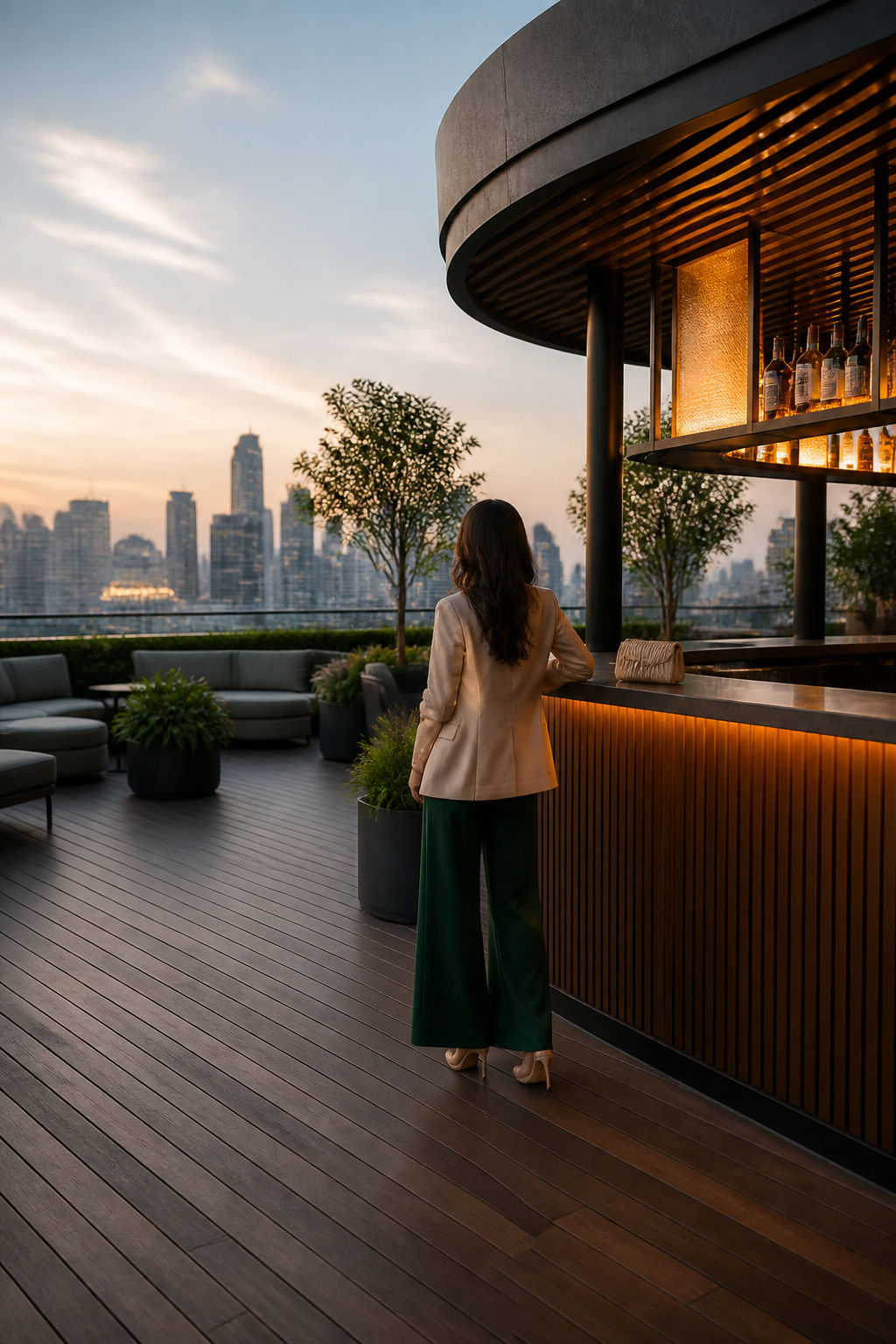 A linen-blend jacket and wide-leg pants styled for an outdoor event.