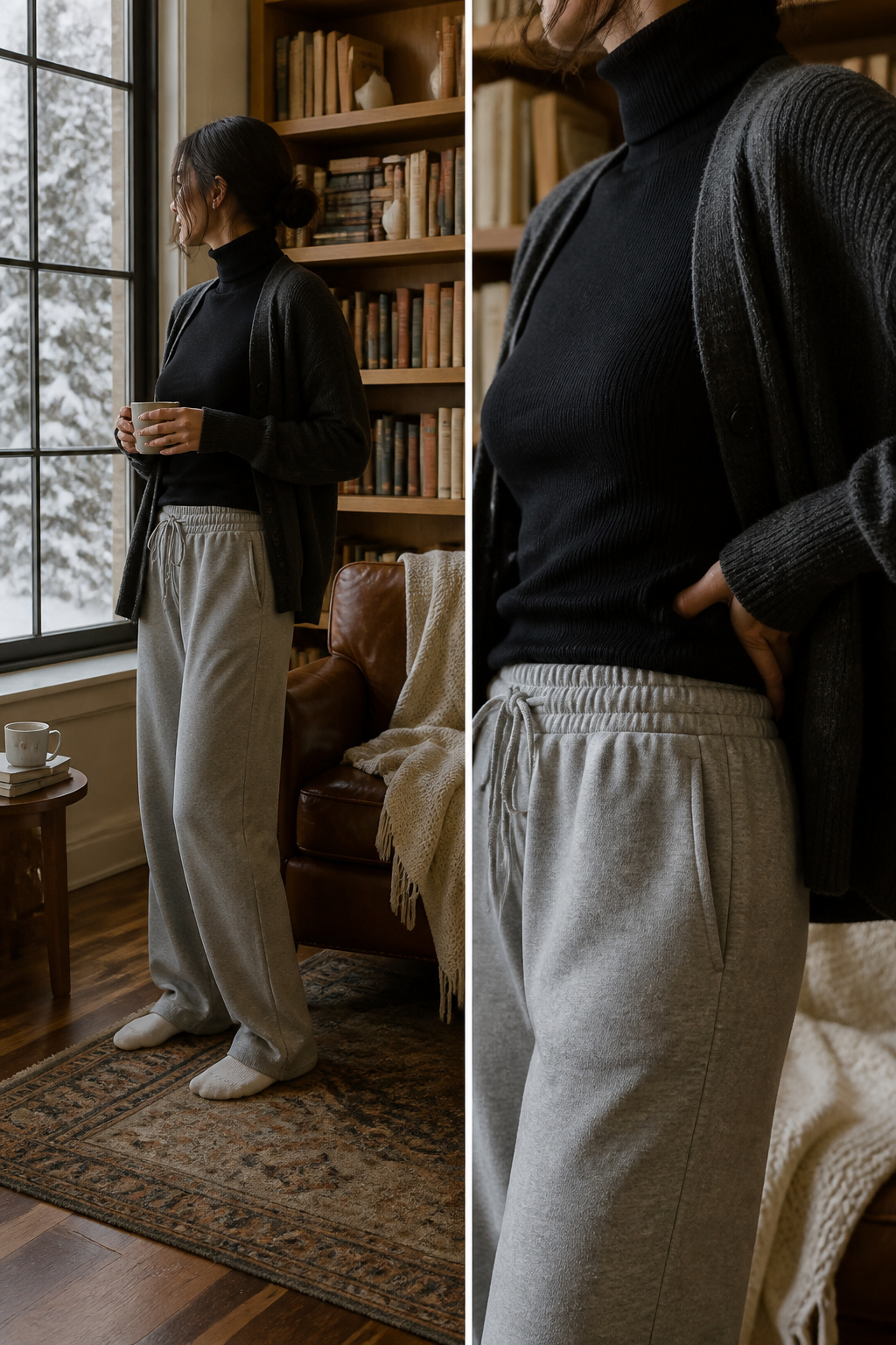 A fitted turtleneck layered under sweatpants.