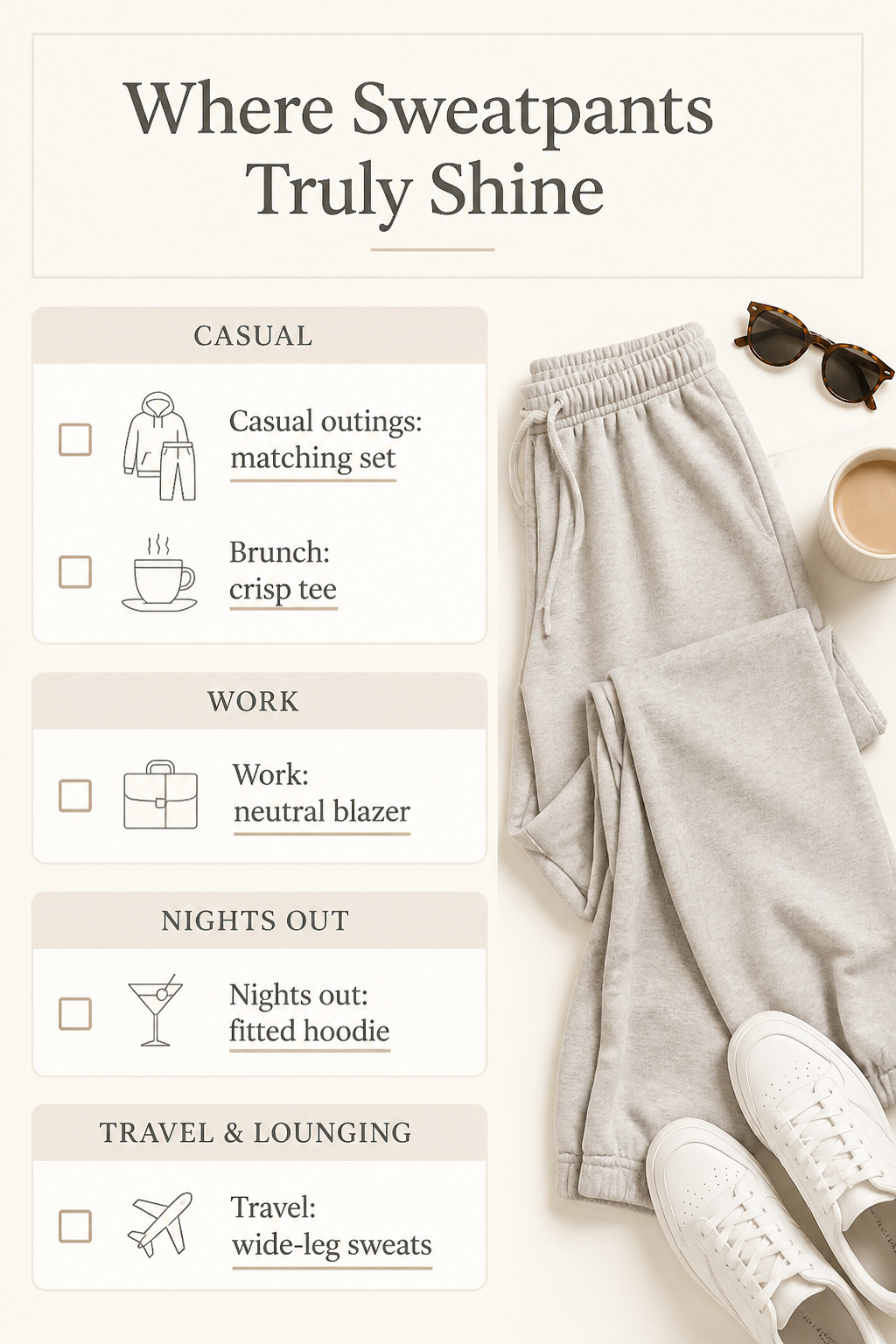 Various stylish sweatpants outfits suitable for different occasions.