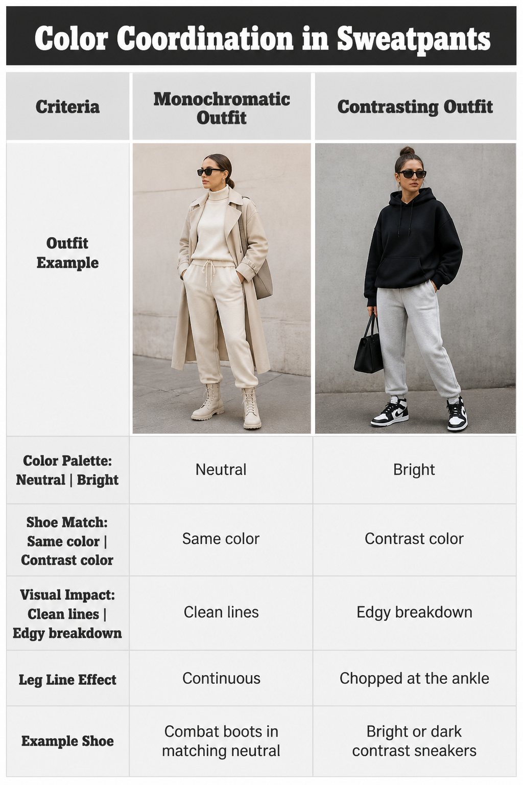 Monochromatic outfit featuring matching sweatpants and top.