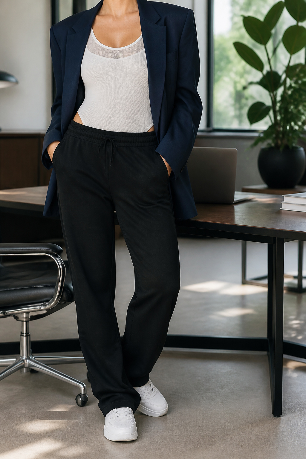 A fitted oversized blazer worn over sweatpants.