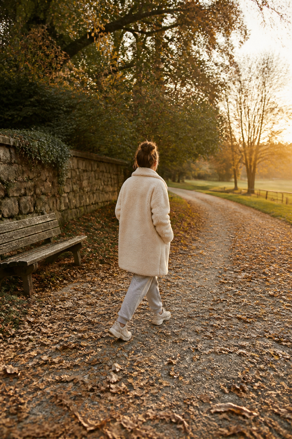A teddy coat worn with relaxed-fit sweatpants.