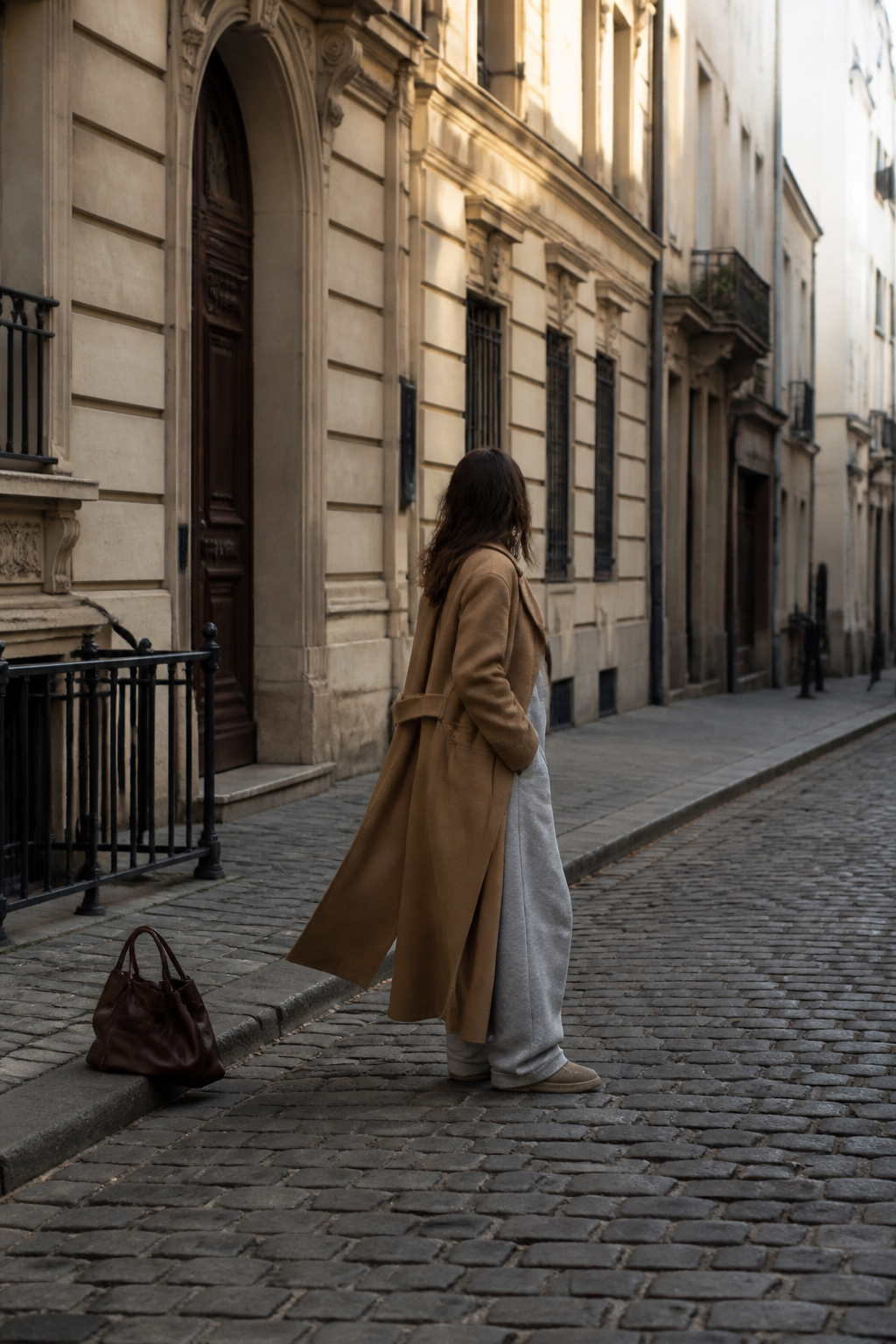 A full-length wool coat layered over wide-leg sweatpants.
