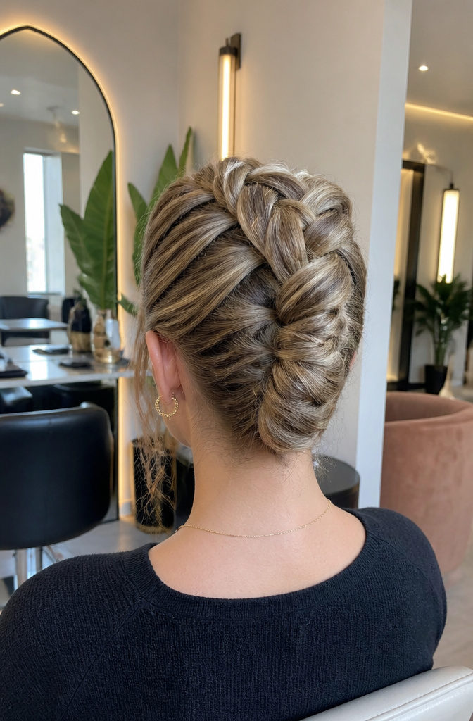 Woman displaying a braided French twist in a modern salon.