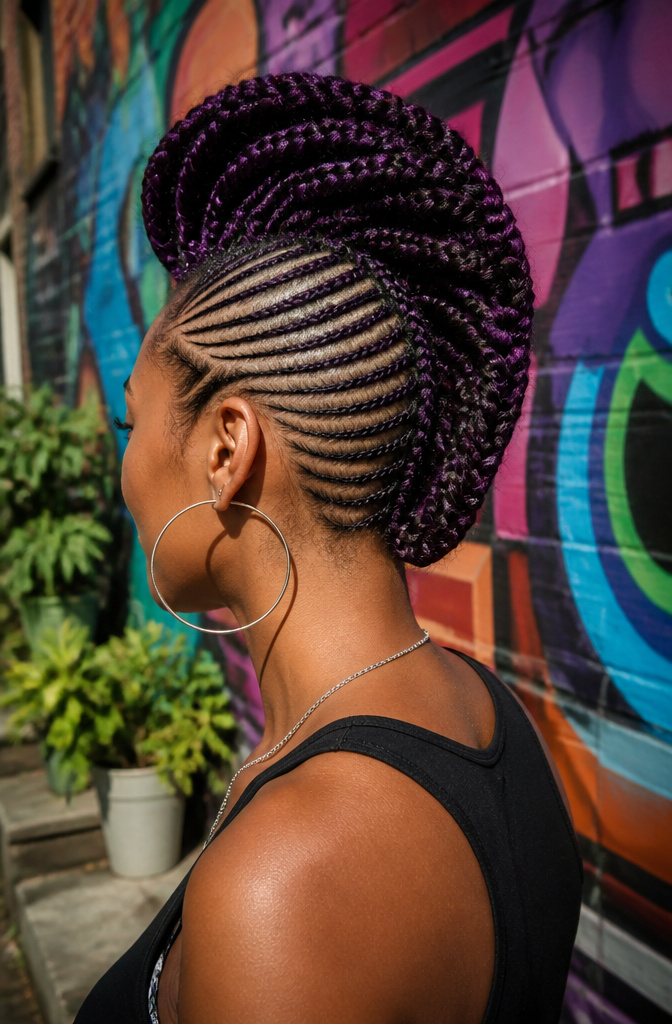 Woman with a box braid and cornrow mohawk in an urban setting.