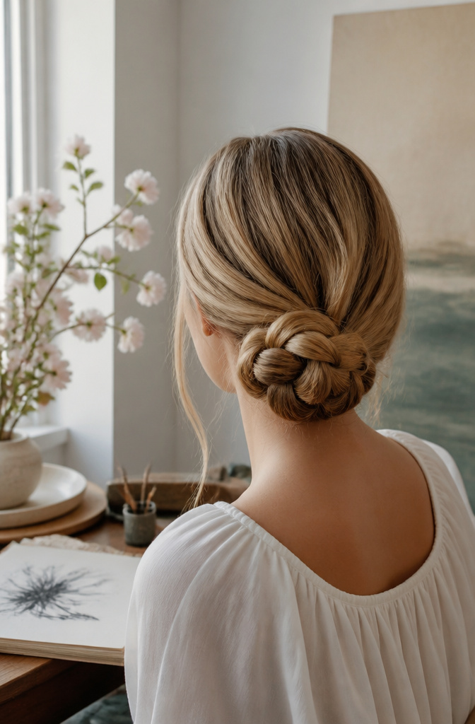 Close-up of a woman with a loop braid in a studio.