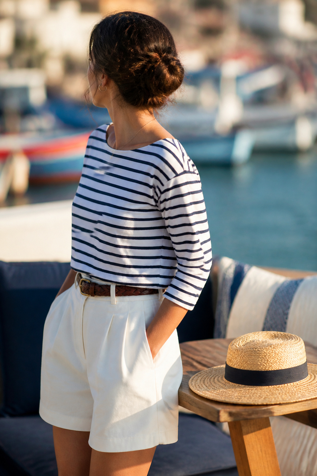 Model wearing a striped blouse paired with casual bottoms.