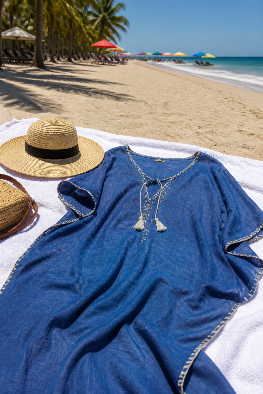 Model in a linen caftan at a beach setting.