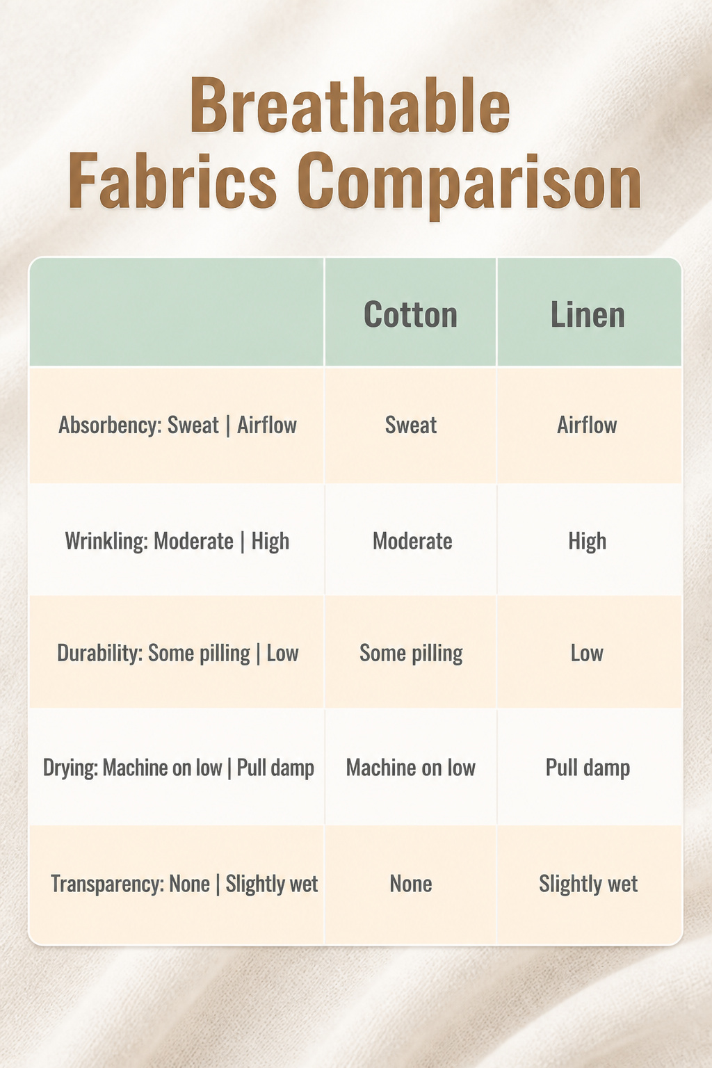Comparison of breathable fabrics suitable for summer wear.