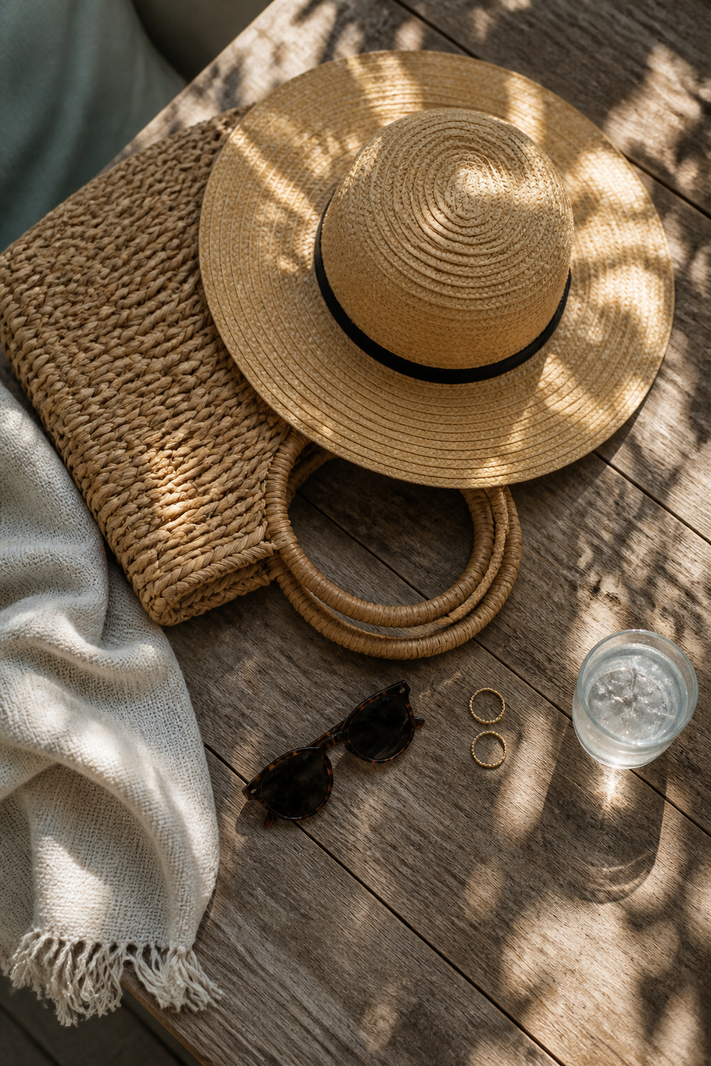 Model showcasing summer accessories including a straw hat.