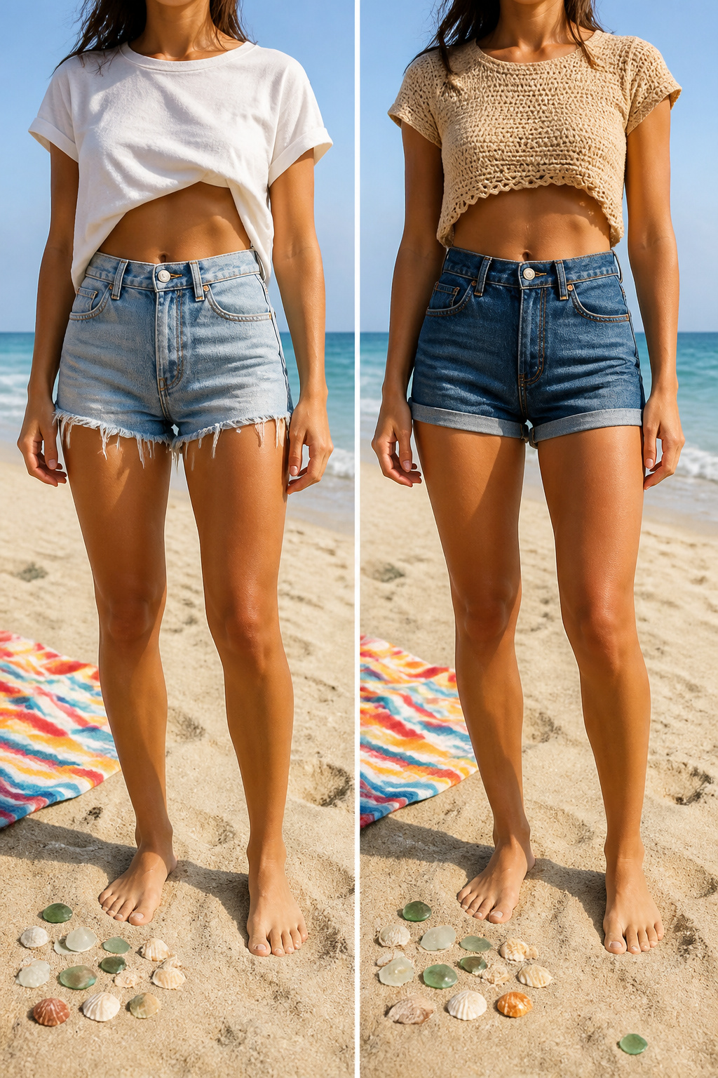 Model showcasing denim shorts and a crop top in a summer setting.