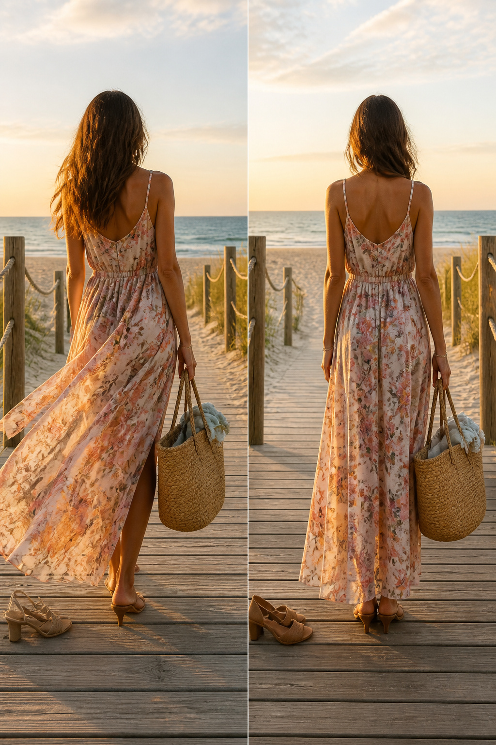 Model in a floral maxi dress at a summer event.