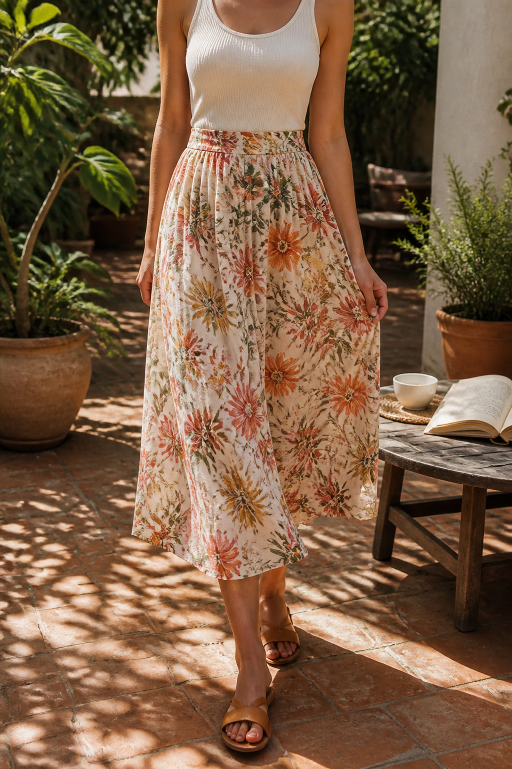 Model wearing a midi skirt in a casual summer outfit.