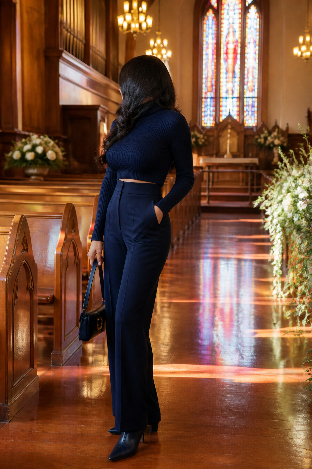 Navy cashmere matching set featuring a cropped turtleneck and high-waisted trousers.
